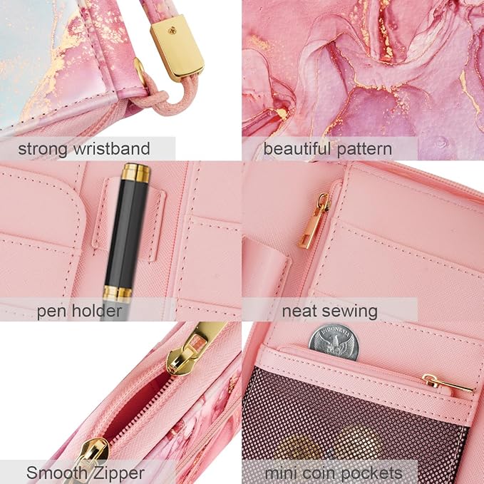 Family Passport Holder Wallet RFID Blocking Document Organizer | PU Leather Mulit-purpose Travel Wallet Credit Cards Case for Women Men, Pink Marble