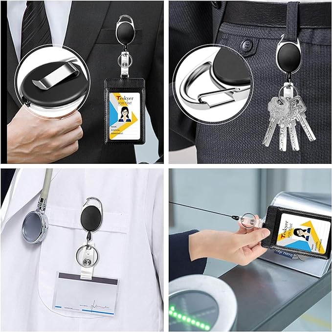 Teskyer Badge Reel, 2 Pack Retractable Badge Holders with Carabiner Belt Clip and Key Ring for ID Card Holder and Keychain