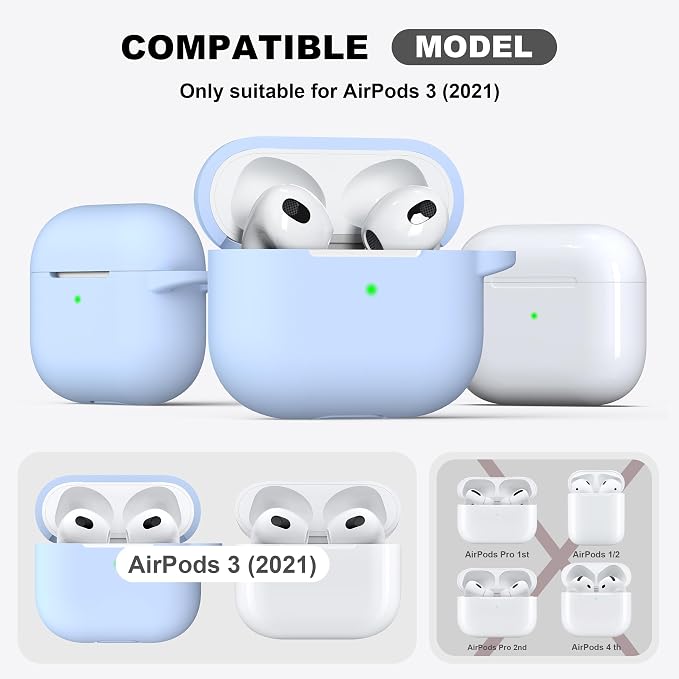 R-fun Compatible with AirPods 3 Case Cover, Silicone Protective Accessories Skin with Keychain Compatible with Apple AirPod 3rd Generation 2021 for Women Men Girls Boys,Front LED Visible,Sky Blue