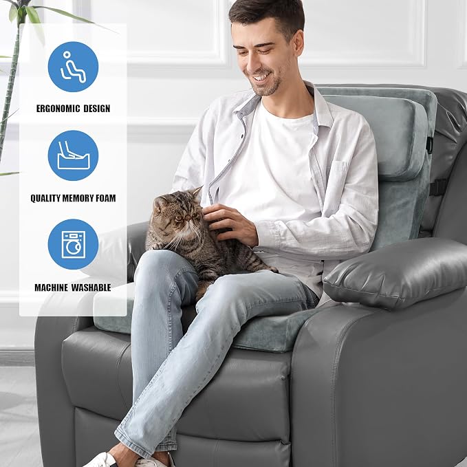 HOMBYS Recliner Seat Cushion with Lumbar Support Pillow and Adjustable Headrest, Medium Firm Foam Filling Chair Pad and Back Support, Non-Slip Design for Comfort and Pressure Reduce, Gray