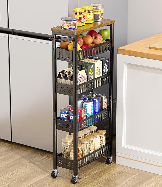 Slim Storage Cart 5 Tier Narrow Kitchen Rolling Cart on Wheels for Small Space, Metal Utility Cart Narrow Bathroom Storage Cabinet Mobile Shelf Unit Organizer with Wood Top and Handle, Black