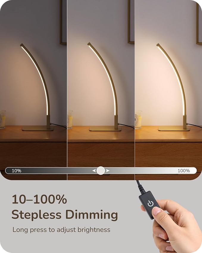 EDISHINE Curved LED Table Lamps for Living Room, Modern Bedside Lamp, Gold | 3 Color Temperature & Stepless Dimming, Aluminum & Iron, Silicone Lampshade, Ideal for Living Room, Office