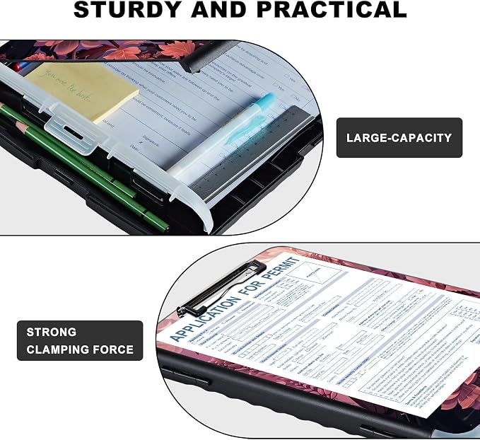 Clipboard with Storage,Storage Clipboard with Pen Holder,Heavy Duty Plastic Storage Clipboard with Low Profile Clip,Teacher Must Haves,Clipboard Folder,Office Supplies,Crows and Flowers -1344