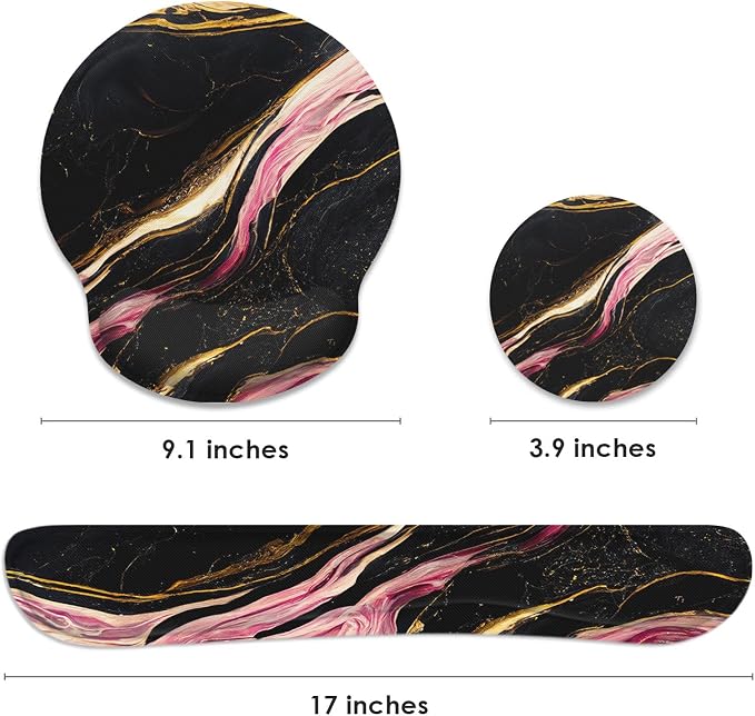 Ergonomic Mouse Pad Set with Wrist Rest, Marble Black | Pink Gold Non-Slip Rubber Base Wrist Cushion Support and Coasters Mousepad with Wrist Support for Computer Keyboard