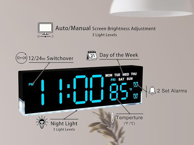 zyzamay 7 Inch Modern LED Digital Alarm Clock with Dual Alarms & Soft Bottom Light｜Displays Time, Date, Day, Temperature｜3-Level Auto/Manual Brightness, DST, USB or Battery Powered Desk Clock,Blue