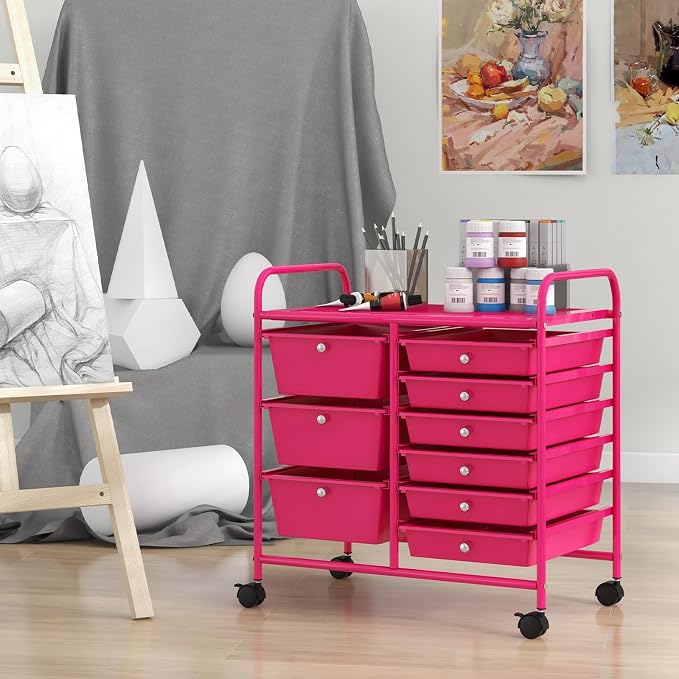 COSTWAY Rolling Storage Cart with 9 Drawer, Utility Cart with Metal Frame | Mobile Art Supply Craft Organizer, Multipurpose Storage Organizer for Paper, Office, School Teacher, Classroom, Hot Pink