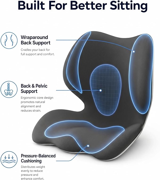 Ergonomic Lumbar Back Support Seat Cushion for Office&Car Chair Cushion | Office Chair Cushion Posture Correction Pad with Lower Back Support,Extra Thick Memory Foam,Long Sitting Comfort