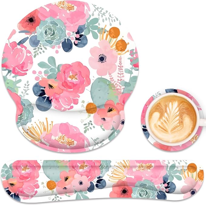 Ergonomic Mouse Pad with Wrist Rest and Keyboard Wrist Rest, Mousepad | Memory Foam Wrist Rest for Computer Keyboard, Pain Relief, Non-Slip Base, Pink Mouse Pad Wrist Support for Gaming, Flower