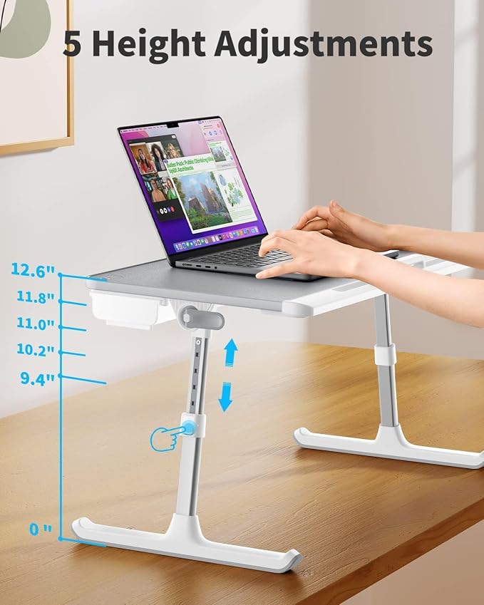 SAIJI Laptop Bed Tray Table - Adjustable Lap Desk for Couch (Gray) | Fits 17" Laptop, Work From Home & Dorm Study, with Storage Drawer & PVC Leather