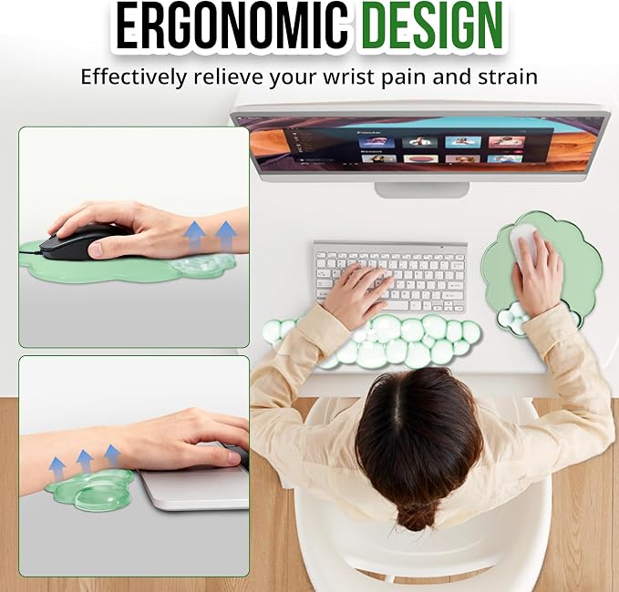 Keyboard Wrist Rest Set — Ergonomic Cloud Wrist Rest Keyboard and Mouse Pad, Non-Slip Desk Accessories for Office and Home（Green）