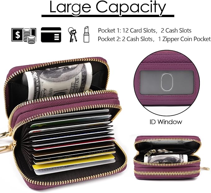 imeetu RFID Credit Card Holder, Small Card Wallet Women, Leather Card Case | Genuine Leather Women's Card & id Cases, Change Coin Purse with Zipper Keychain id Window, 20 Colors & 3 Styles, Daily, Gifts