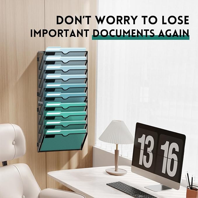 10-Tier Wall File Organizer, Hanging Wall Files for Papers, Folders, Magazines, Wall Organizer for Clipboard, Assembly Needed, Black, 2 Pack | Metal Mesh Hanging File Organizer with Open Compartments and Label Panels for Papers and Folders at Home, Off...