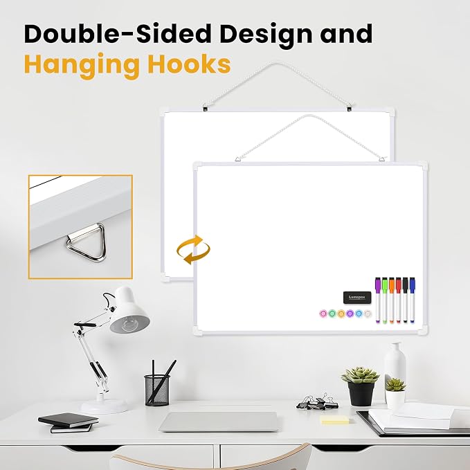 Dry Erase Board for Wall, 24" x 18" Double-Sided Hanging Magnetic Whiteboard with 6 Markers, 6 Magnets and 3 Mini Sticky Notes, Large White Board for Kids, School, Home, Office