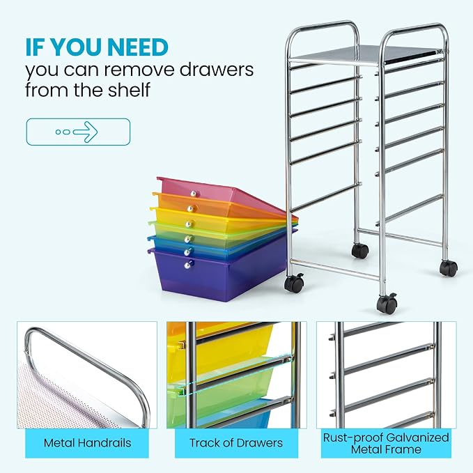 COSTWAY 6-Drawer Rolling Storage Cart, Art Craft Tools Organizer on Wheels | Multifunctional Heavy Duty Utility Mobile Storage Trolley w/ 2 Lockable Wheels for Home Office School (Rainbow)
