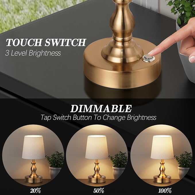 Mini Cordless LED Table Lamp, 5200mAh Rechargeable Battery Operated Lamp, 3-Level Brightness, Touch Dimmable Desk Lamp, Bedside Night Light for Patio Camping Restaurant Home, Antique Brass