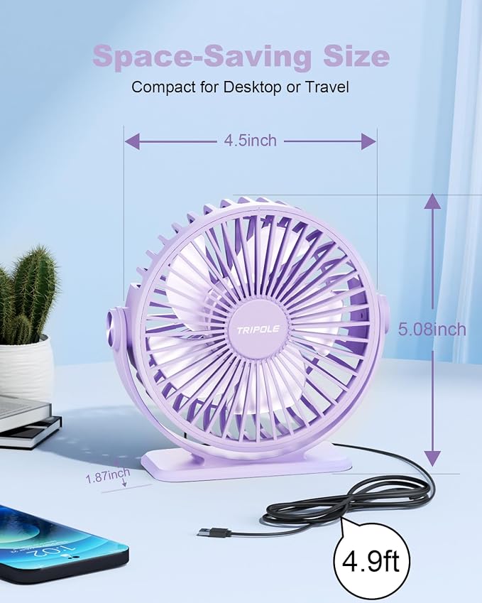 TriPole Desk Fan USB Powered Small Portable Quiet Mini Personal Plug In Fan | Purple, 3 Speeds, 360°Rotation, Desk Fans Small Quiet, 4.9ft Cable, Strong Breeze for Desktop Bedroom Office Table Travel