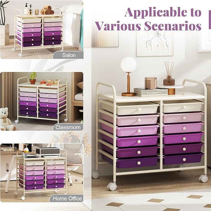 RELAX4LIFE 12-Drawer Rolling Storage Cart - Mobile Utility Cart on Wheels for School Classroom Teacher Office Salon, Paper File Art Supply Craft Organizer, Rolling Cart with Drawers (Gradient Purple)