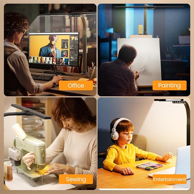 Upgraded Desk Lamp for Home Office - Dimmable Computer Desk Light with Remote, Modern Architect Task Lamp with Color Changing, Flexible Desktop Lamp with Gooseneck for Monitor, Double Head