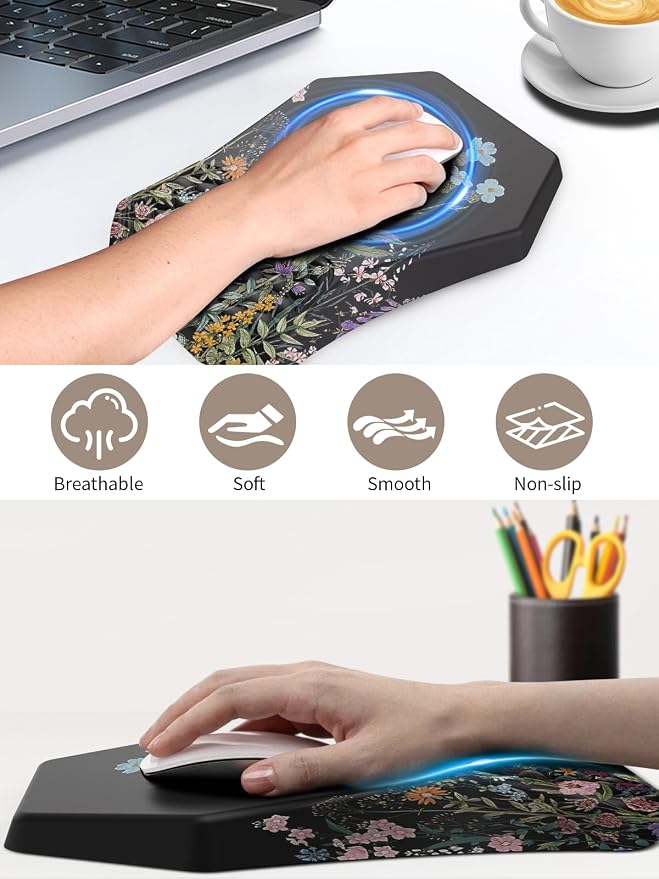 3-in-1 Ergonomic Keyboard Stand with Wrist Rest & Mouse Pad Set, Flower | Comfy Keyboard Riser Holder Soft Mousepad with Massage Design, Memory Foam and Non-Slip PU Base for Pain Relief
