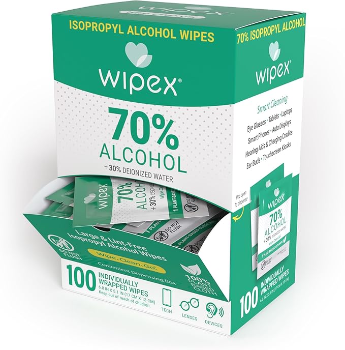 Wipex 70% Isopropyl Alcohol Wipes Individually Wrapped Sachets, Large Electronic wipes in Dispensing Box, Alcohol Prep Wipes, Screen Wipes & Tech Wipes for Sanitizing 100 Count (Pack of 12)