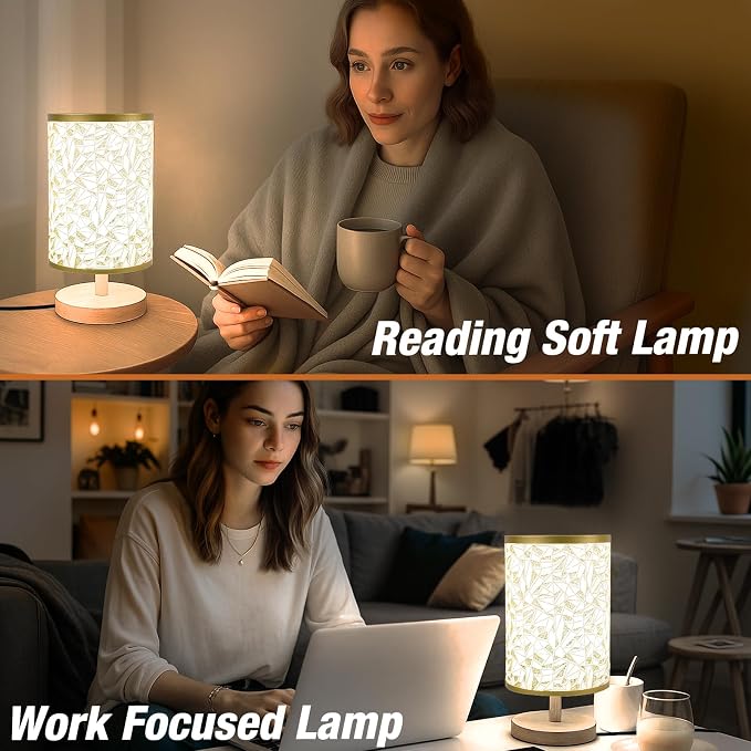 Desk Lamp LED Bulb Included, Small Bedside Table Lamp Plug-in - Classic Wood Base with Flaxen Fabric Shade, Lamps for Night Stands, Simple Nightstand Light for Bedroom, Office, Desk