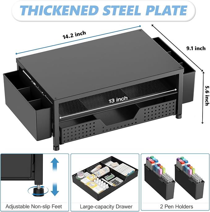 Desk Organizers and Accessories, Computer Monitor Stand Riser with Drawer and 2 Pen Holders, Printer & Laptop Stand, Office Desk Accessories & Workspace Organizers for Home Office Supplies, Black