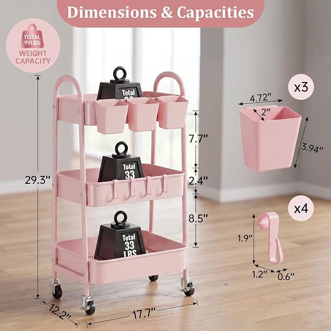 3-Tier Rolling Cart, Utility Cart Mobile Metal Rolling Storage Cart with Lockable Wheels & Hanging Cups & Hooks for Kitchen, Bathroom, Office, Workshop, Pink