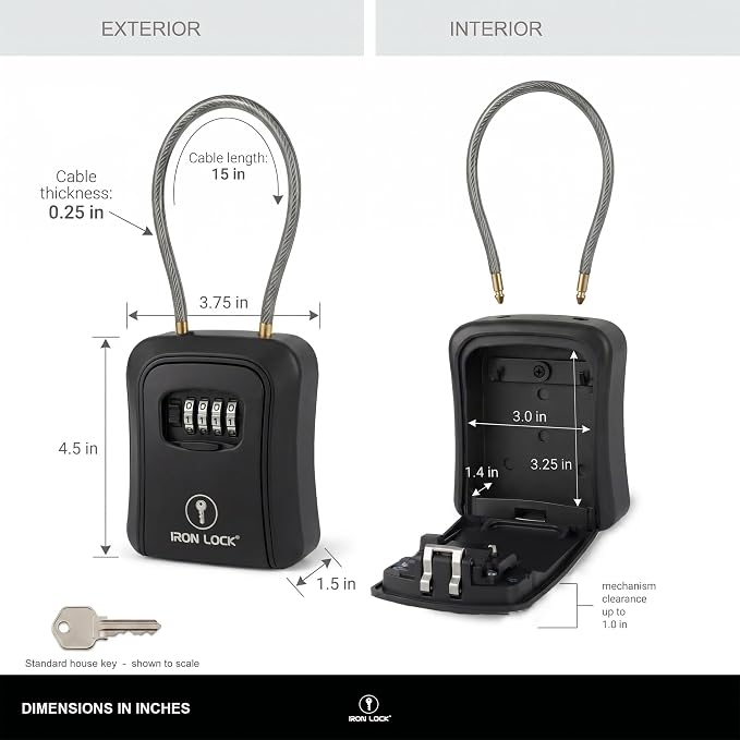 Iron Lock® Medium Key Lock Box with Code, 15-in Steel Cable Shackle (Black) | Built-in key hooks + catch tray; hangs on handles, gates, fences or a hasp; wall-mountable; dial cover; no batteries