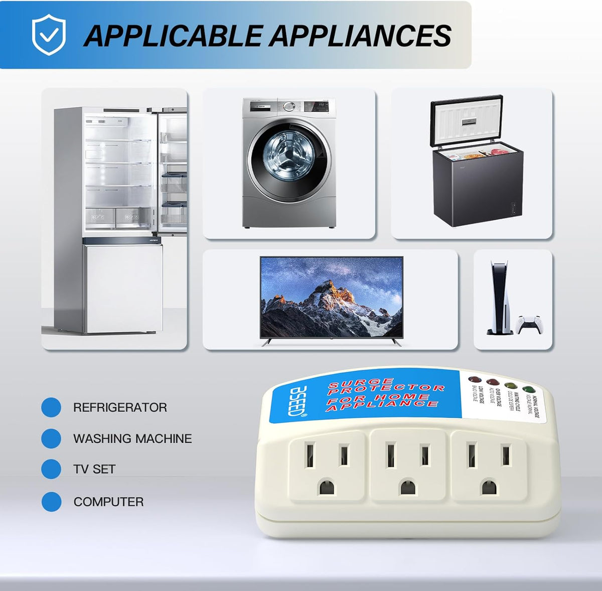 BSEED Surge Protector for Home Appliance 3 Outlet Surge Protector for Refrigerator Voltage Protector for TV, PC, PS5, Air-Conditioning and Other Valuable Household Electronic 125V, 1875W, 4 Pack