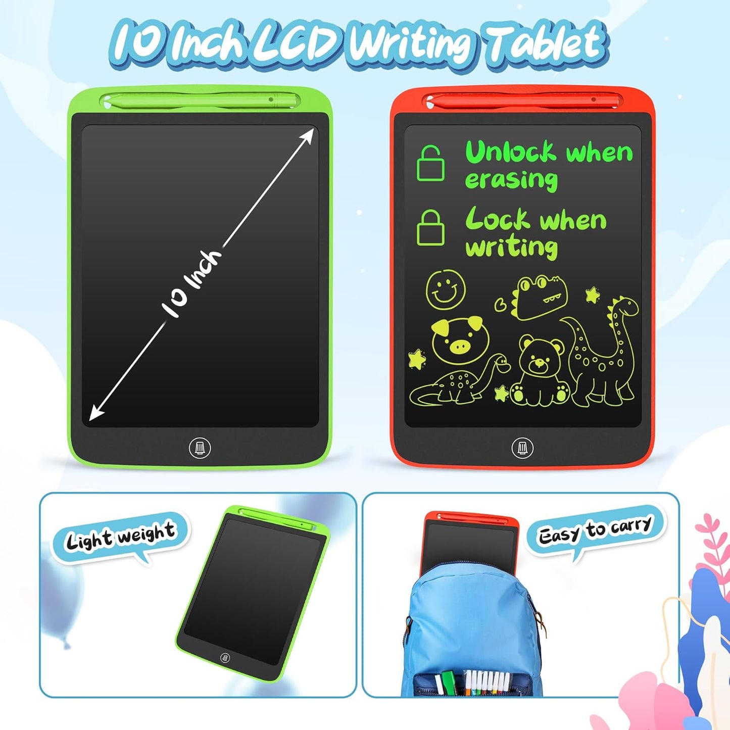 SOOOO LCD Writing Tablet for Kids 2 Pack, 10 inch Colorful Doodle Board for 3 4 5 6 Year Old Kid, Sensory Toy, Educational Sketch Pad Toys for Girls Boys, Gifts for Kid, Randomly a Lanyard
