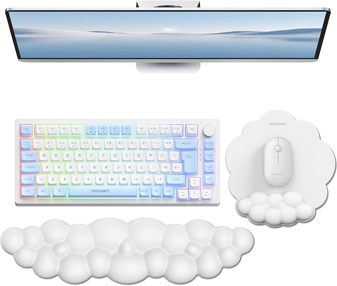 TECKNET Cloud Mouse Pad with Wrist Rest, Ergonomic Cloud Wrist Rest with Non-Slip Base, PU Leather Memory Foam Mouse Pad Wrist Support for Keyboard and Mouse, Pain Relief for Typing, Gaming, White