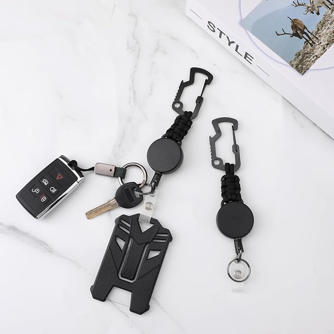 2 Set Retractable Badge Holders Heavy Duty Badge Reel Retractable Keychain with Tactical ID Card Holders