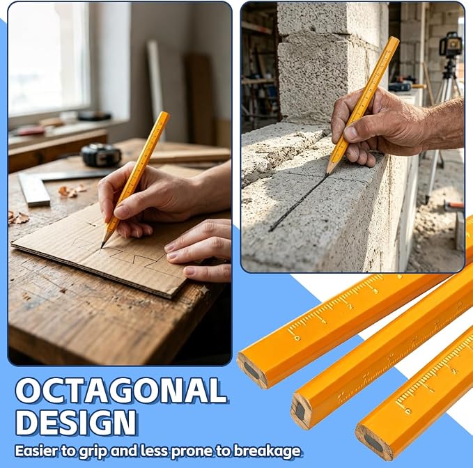 30 Pcs Carpenter Pencils - Octagonal Hard Black Woodworking Pencils, Heavy Duty Construction with 15cm Scale for Wood, Brick, Concrete Marking（Yellow）