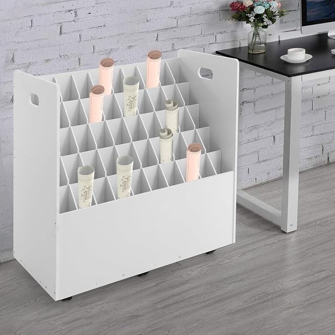 Blueprint Storage Organizer, 50 Slots Mobile Roll File Cart, Construction Plan Holders, Blue Print Cabinet with Wheels, Roll Files Storage for Office Home School (White, 50 Slots)