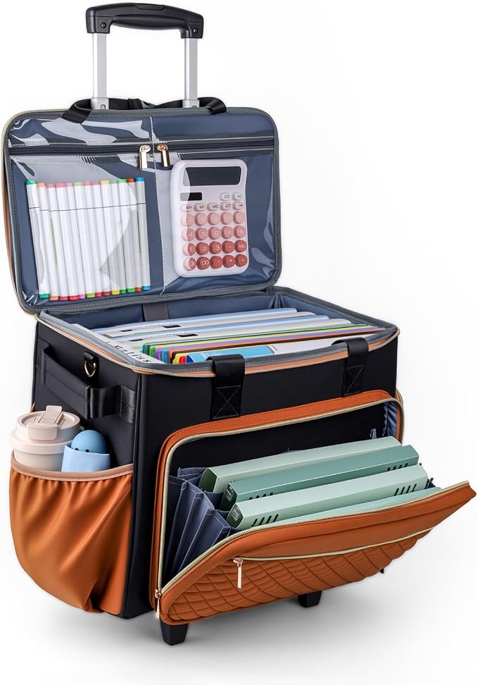 Rolling Teacher Bag, Fits 15.6" Laptop, With Cart, Brown | 4 Ways To Carry, 40L Large Cap, 1680 Oxford Puncture Resistant, Reinforced Design, Not Easy Collapse
