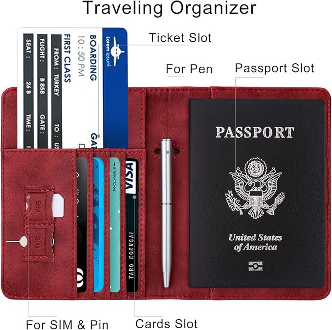 WALNEW Passport Holder for Travel, RFID Passport Wallet, Travel Essentials | PU Leather Passport Cover Case with Pen Holder, Travel Must Haves Accessories, Passport Book Holder for Women Men