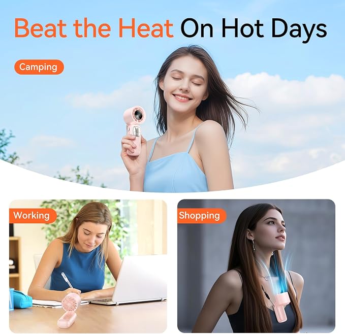KIMMOO 3-in-1 Portable Handheld Turbo Fan-100 Speeds, 15000 RPM, 10Hrs Cooling, LED Display, 90° Rotation, Small Travel Fan, Mini Foldable Hand Held Personal Fan for Women Men (Pink)