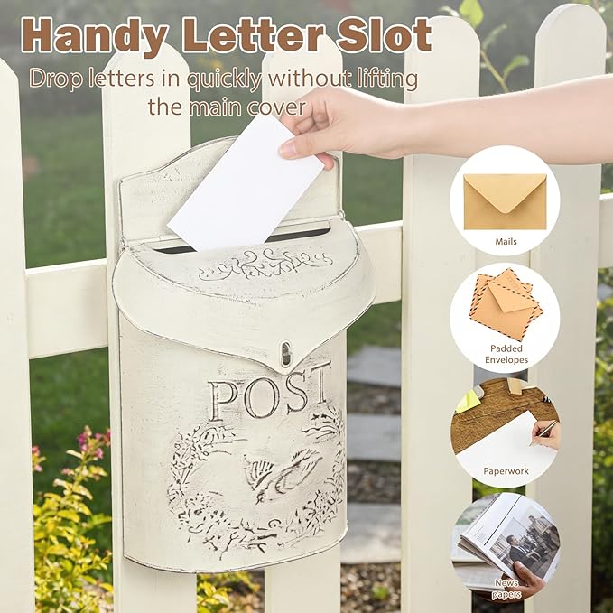 Wall Mount Mailbox for Outside, Metal Vintage Mail Box for Outdoor Decorative, Antique Style Nostalgic Charm Door Mailboxs for Home Garden House Farmhouse Porch Decor-White