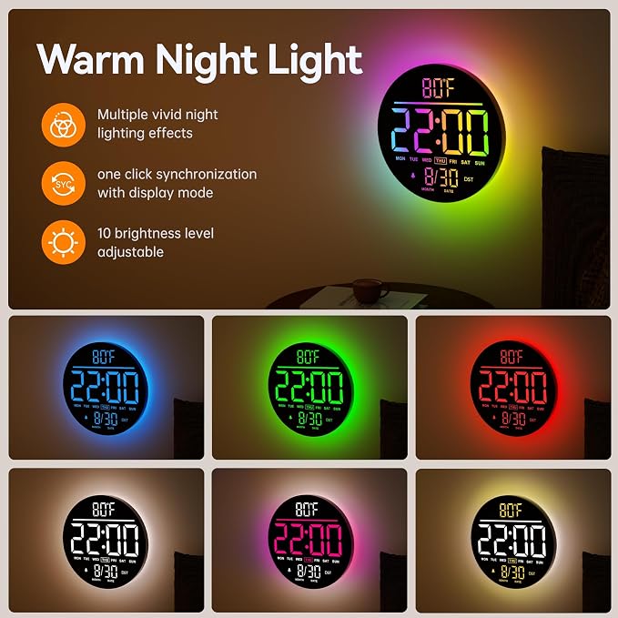 JALL 10" Large Digital Wall Clock with Remote, RGB Color, Big LED Display, Alarm Countdown Timer, DST, Temperature, Decor for Bedroom Living Room Gym Gaming Room, Easy to Read Clock for Seniors