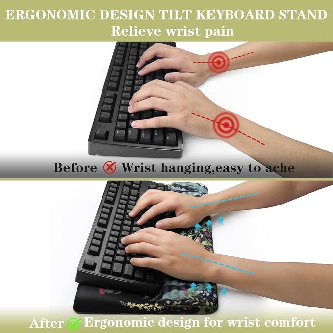 Ergonomic Keyboard Stand with Wrist Rest, Computer Wrist Support Pad | Comfy Tilted Keyboard Riser Holder Wrist Pad for Pain Relief, Soft Memory Foam Desk Cushion for Office Home