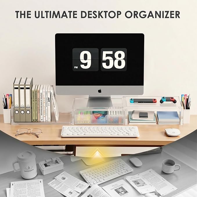 Clear Acrylic Desk Organizers and Accessories, Dual Monitor Stand Riser with Drawer, Desk Shelf Computer Racks for Office Workspace Organizers, Desktop Organization (Transparent)
