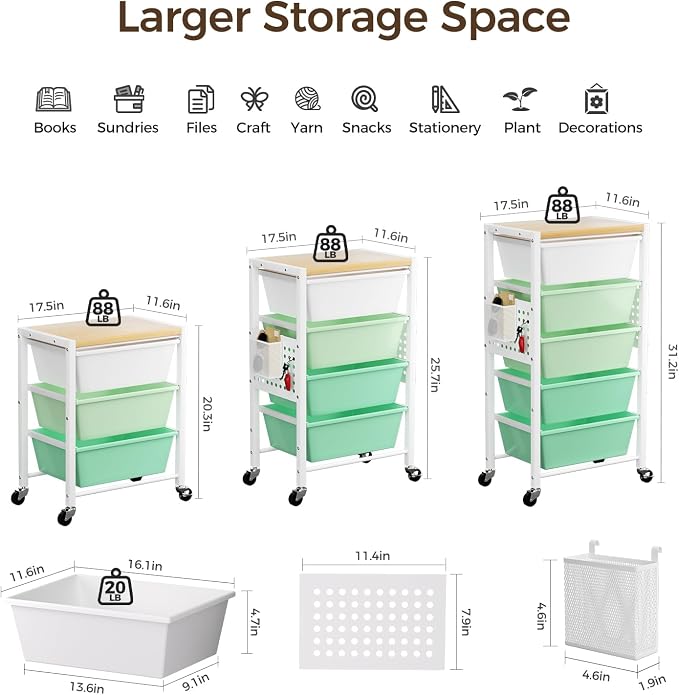 Rolling Cart with 3 Drawers, Plastic Drawer Storage Carts with Lockable Wheels & Wooden Tabletop, Metal Utility Cart Organizer, Office Bedroom Classroom Craft Organization and Storage, Bright Green