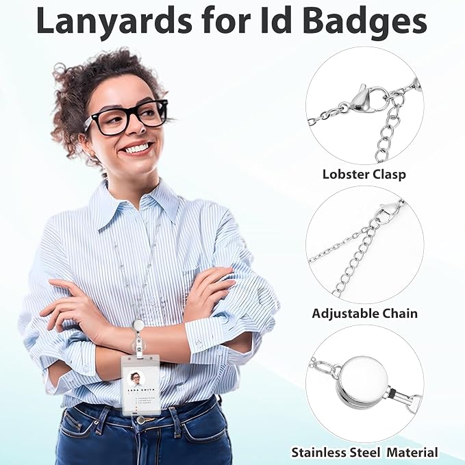 Prudiut Lanyards for Id Badges Stainless Steel Badge Lanyard with 2 Pcs Waterproof Badge Holder Retractable Badge Lanyards Teacher Lanyard for Cruise Ship Key Cards Id Badges (Sliver)