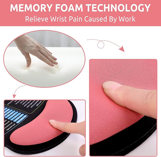 KONVINIT Ergonomic Mouse Pad with Wrist Rest, Small Excel Cheat Sheet Desk Pad with Windows & Office & Excel Shortcuts, Non-Slip Rubber Base Mouse Pads for Desk with Smooth Surface, Black Pink