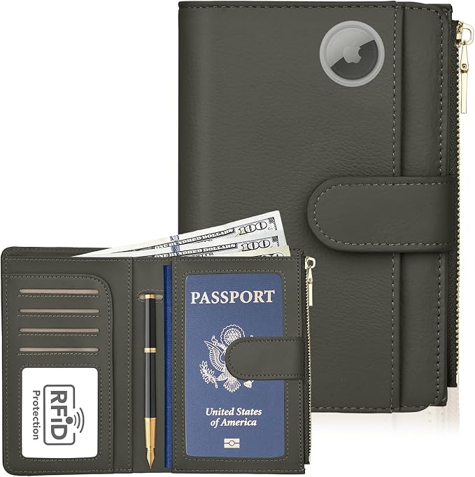 RFID Passport Holder for Travel, Leather Passport Wallet Cover with Airtag | with Airtag Slot, Card Cash Holders, Zippered Coins Pocket, for Women/Men, Gift Box, Travel Essentials, 4.1"L x 1"W x 6.3"H