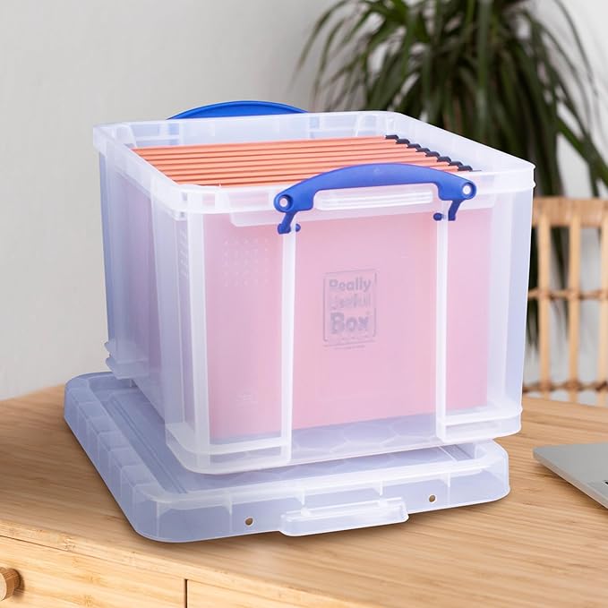 Really Useful Box 3-Pack Clear Plastic Storage Bins with Lids & Clip Handles, 32 Liters - Stackable, Portable and Transparent Organizer Containers for Home, Garage and Office