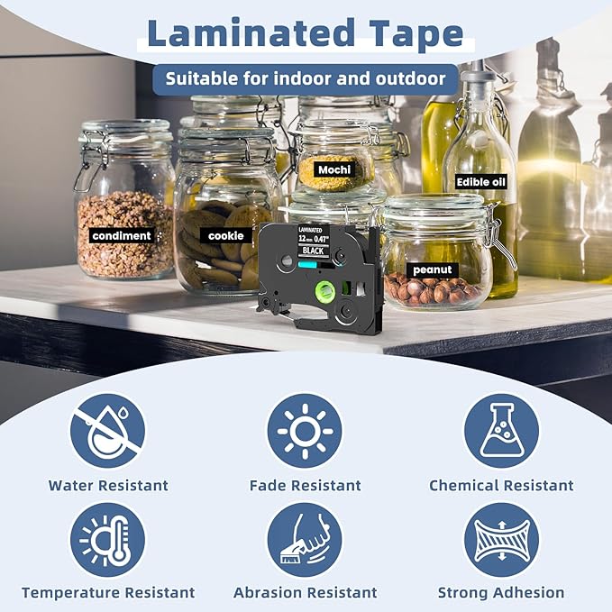 Label Maker Tape Refill Compatible with Brother TZe-335 TZe335 Label Tape TZe TZ Tape 12mm 0.47 Laminated White on Black for PT-D210 D220 H110 D410 P710BT H111 1070 1880, 5-Pack