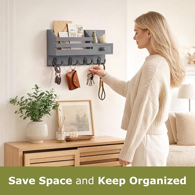 Key Holder Wall Mount, Wooden Adhesive Mail and Key Organizer with Drawer, Small Shelf, 8 Hooks, 2 Installation Methods, Gray