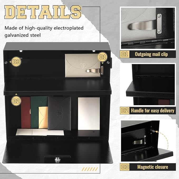 Yaocom Extra Large Wall Mount Mailboxes for Outside 18 x 16.5 x 7 Inches Locking Security Mail Box Galvanized Steel Wall Mailbox Large Capacity Post Box with Key Lock and Reflective Stickers(Black)