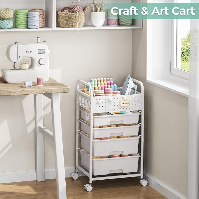 SYKIARIOL 4 Drawer Rolling Storage Cart with Pegboard Top and Hooks, White | Mobile Organizer Cart with Wheels for Office Supplies, Craft Storage, Classroom Organization, Home Utility Cart